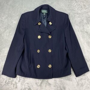 Vtg Lauren Ralph Lauren Jacket‎ Womens 14 Navy Blue Double Breasted Anchor Gold